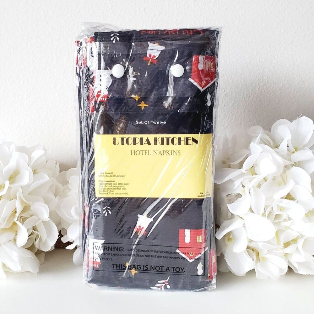 Utopia Kitchen Hotel Napkings Black Christmas Set of 12 NWT